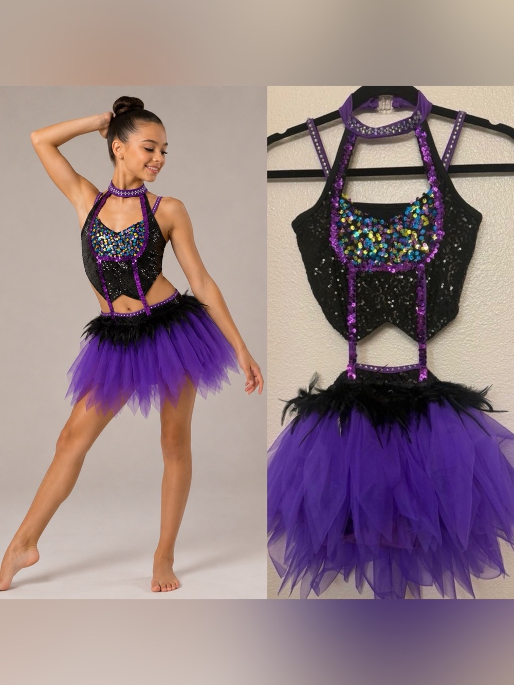 Glamour solo dance costume purple black feather rhinestone sassy LC